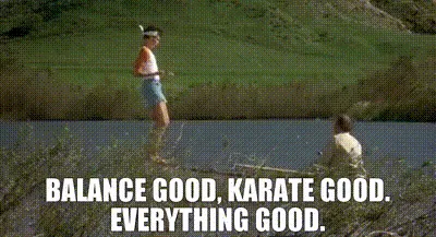 Daniel balancing on a log over water while Mr. Miyagi watches, captioned “Balance good, karate good. Everything good.”